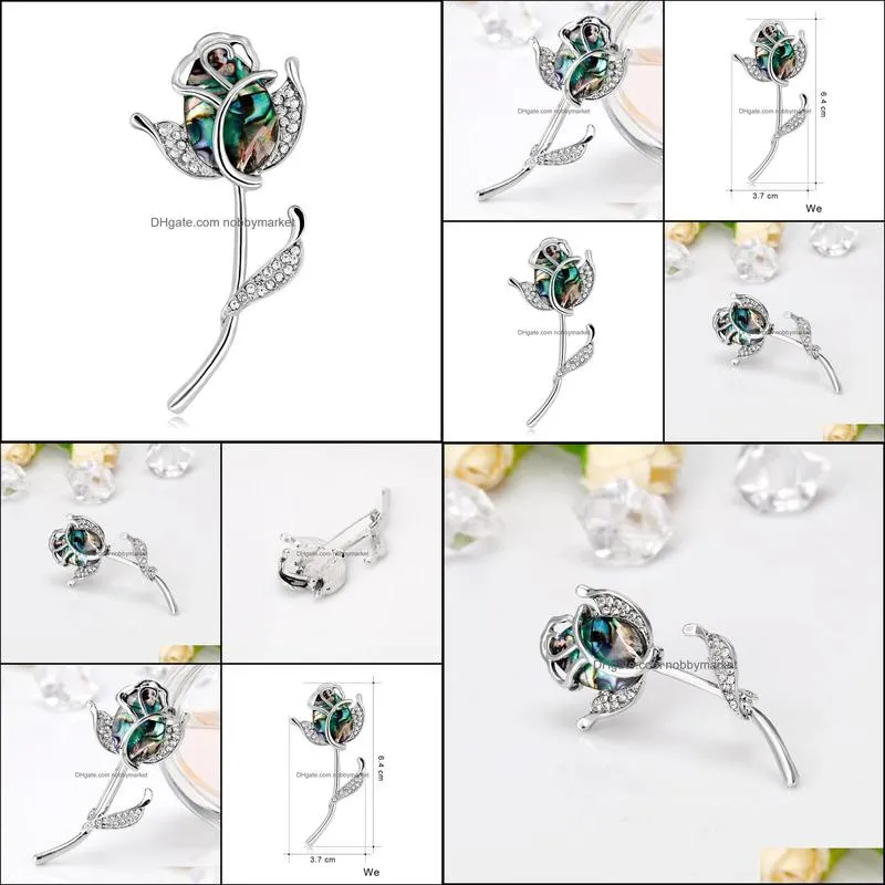 Rose Brooch Fashion Shell Crystal Embellish Flower Brooches for Women Wedding Corsage Pins Jewelry