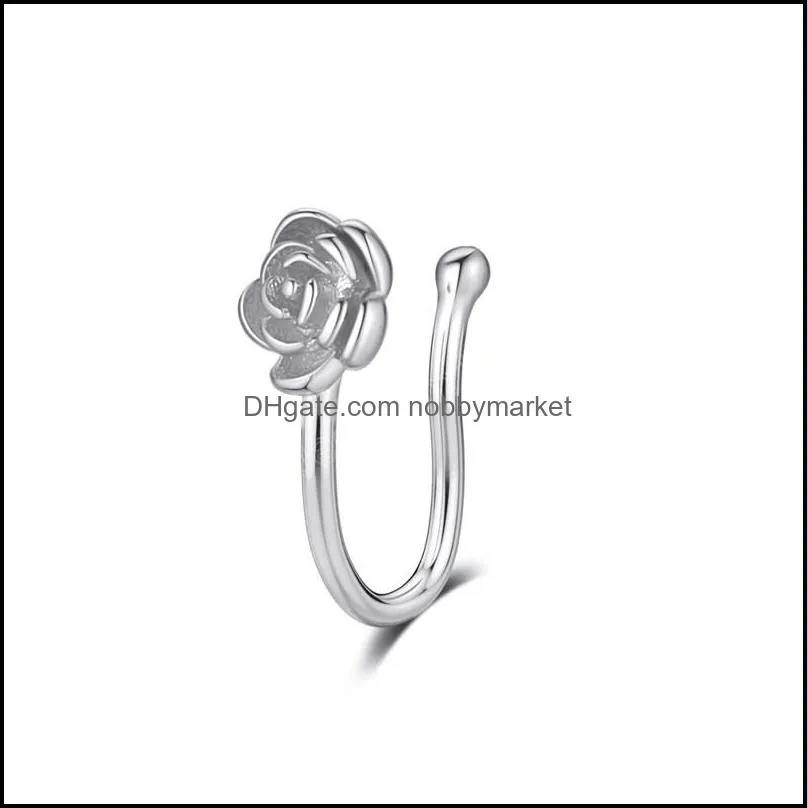 Silver Tone Plated Fake Nose Rings for Men Women with Clear Zircon Faux Piercing Jewelry