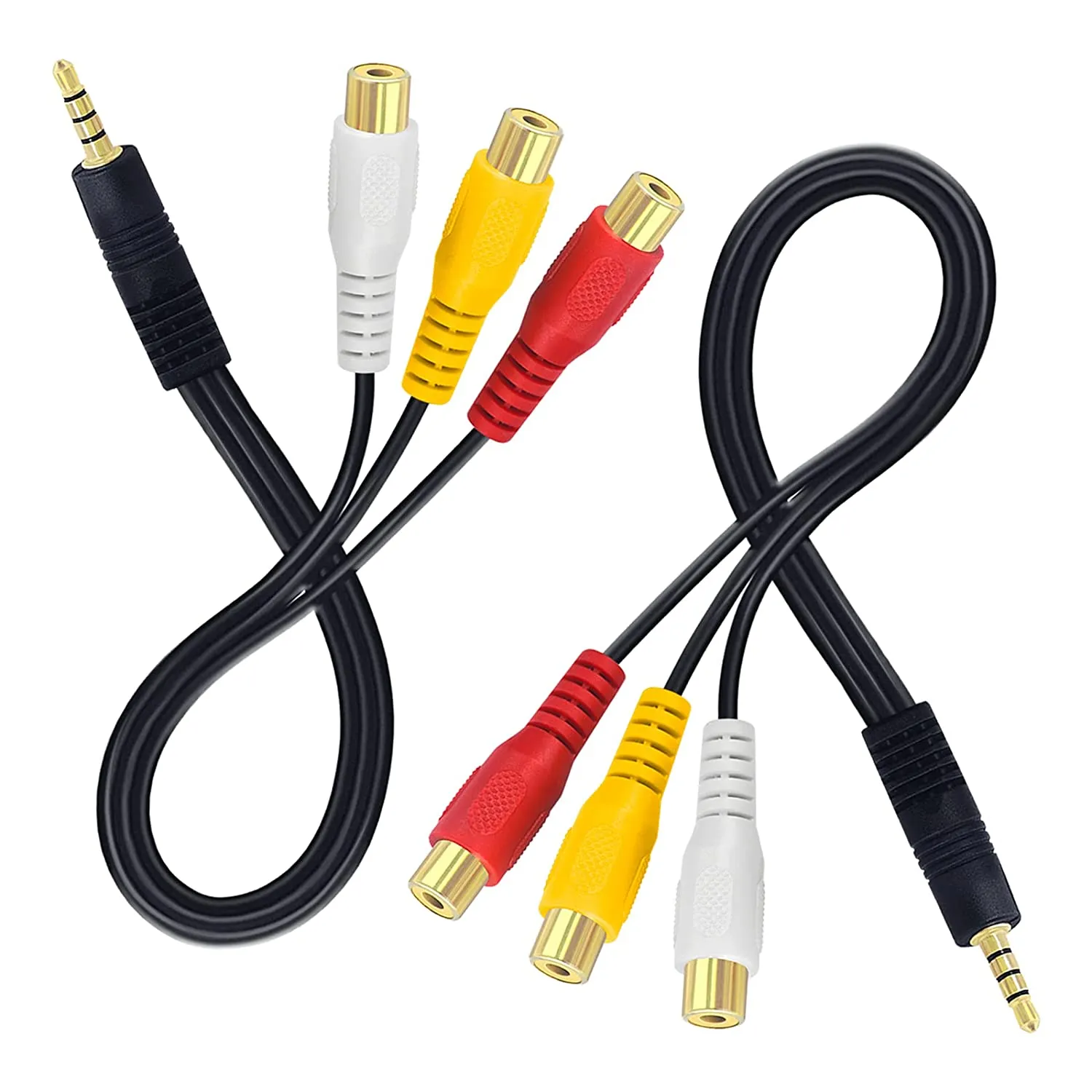 AV-componentkabel, 3,5 mm mannelijk (CTIA) naar 3 vrouwelijke RCA, AV-ingangsadapter verguld voor tv, dvd, videogameconsole, settopbox, tablet (9 inch) 2-pack