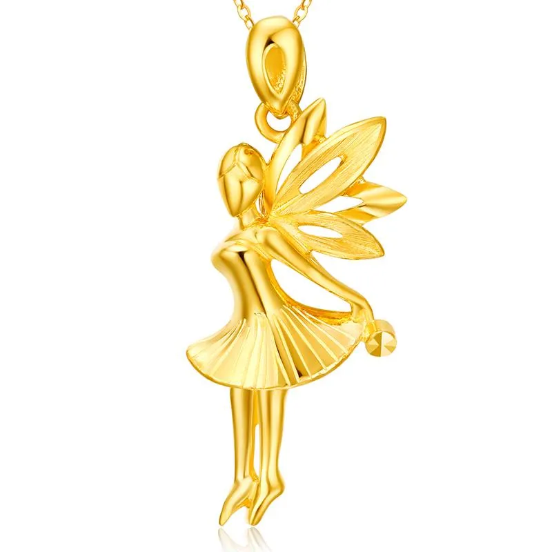 Colares pendentes chegam sólido 24k ouro amarelo 999 Mulheres Angel Girl 3.19g