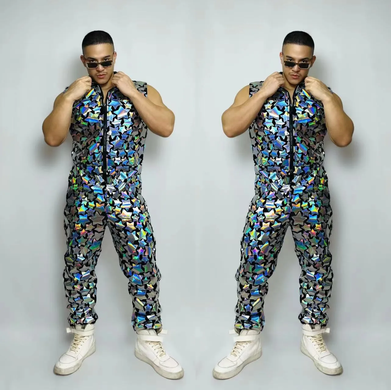 Costume da ballo hip-hop da uomo Glitter Stage Wear Stars Pattern Laser Paillettes Senza maniche Cerniera Tuta Rock Band Cantante Ballerino Squadra Nightclub Abiti da esibizione