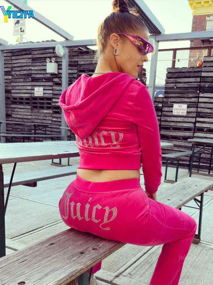 Yiciya Velvet Zipper Sweatshirt och Pant Ladies Two Piece Set Fashion casual kvinnliga kläder 2022 Kvinnors sammet Rhinestone Suit T220729