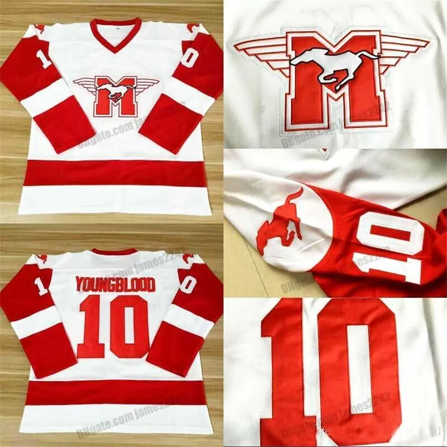 Nikivip Ship from US Youngblood #10 Mustangs Rob Lowe Hockey Jersey Film Hommes Cousu Blanc Top Qualité Maillots