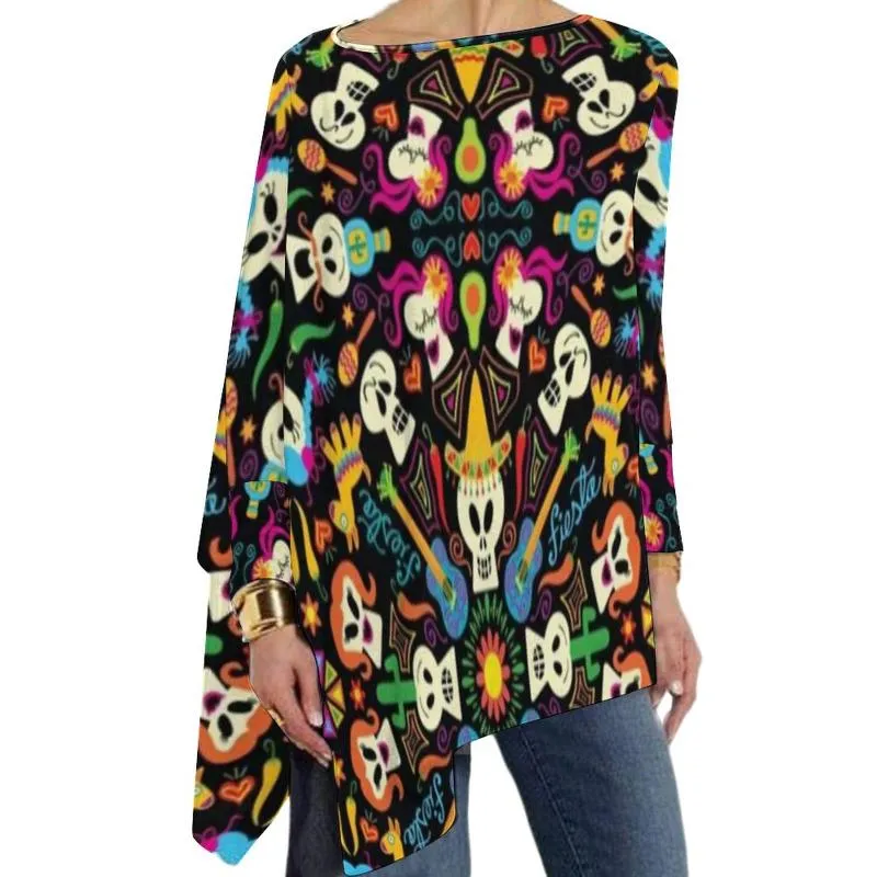 여자 티셔츠 해피 할로윈 즐거운 멕시코 골격 재미있는 긴 소매 티셔츠 거리 패션 오버 사이즈 티 톤 그래픽 의류 선물 고민 ''
