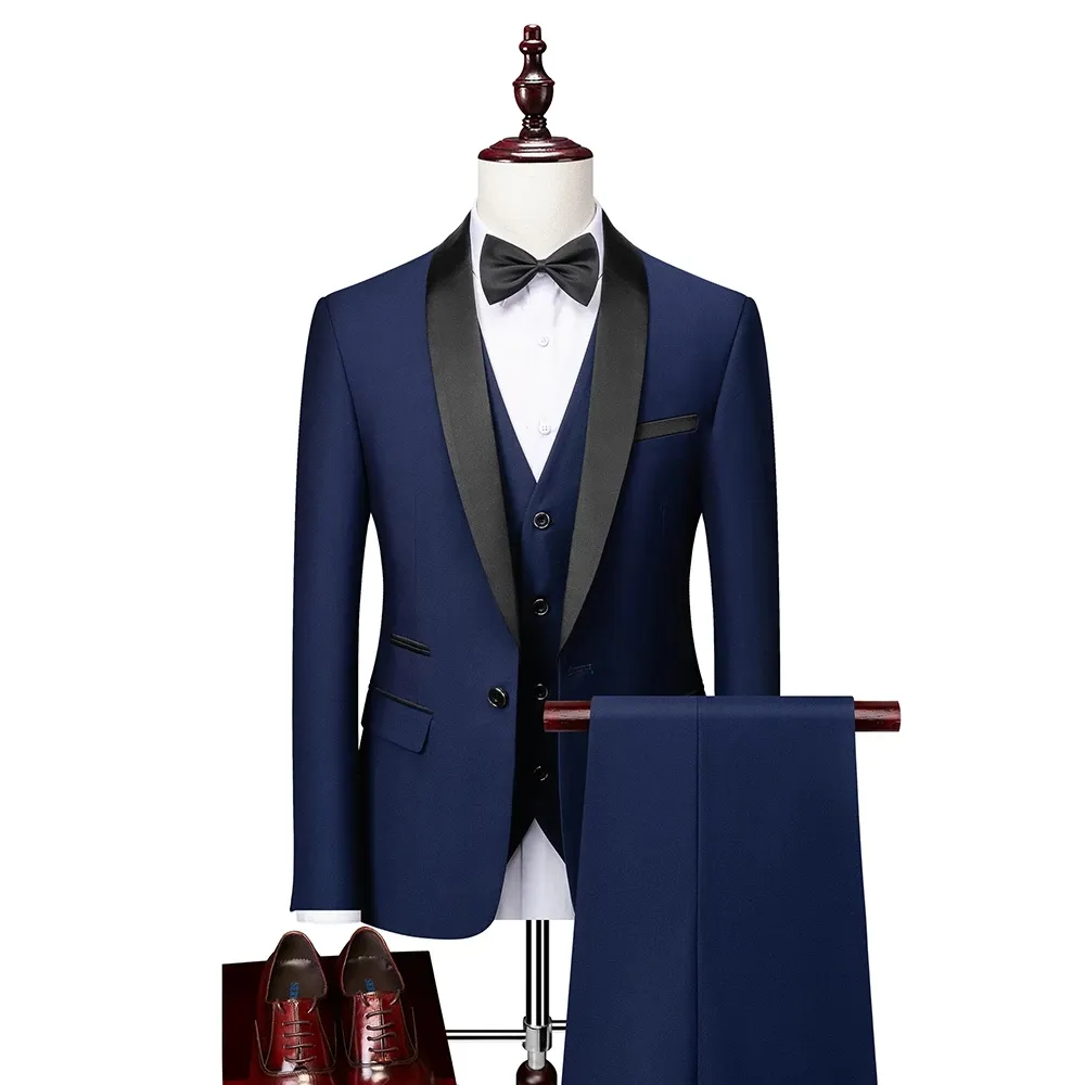Zwarte marineblauw bruiloft Tuxedos 2022 Slim blazer sjaalsrapel driedelige bruidegom pakken jas jas pant satijnen vriendje pak voor bruiloft prom slijtage grijze outfit
