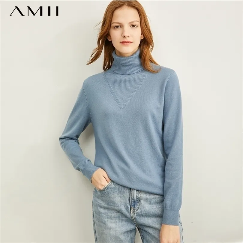Amii zima moda solidna golf miękki kremowo-niebieski sweter kobiety przyczynowe pełne rękawy miękkie dzianiny Topy 11970812 201016