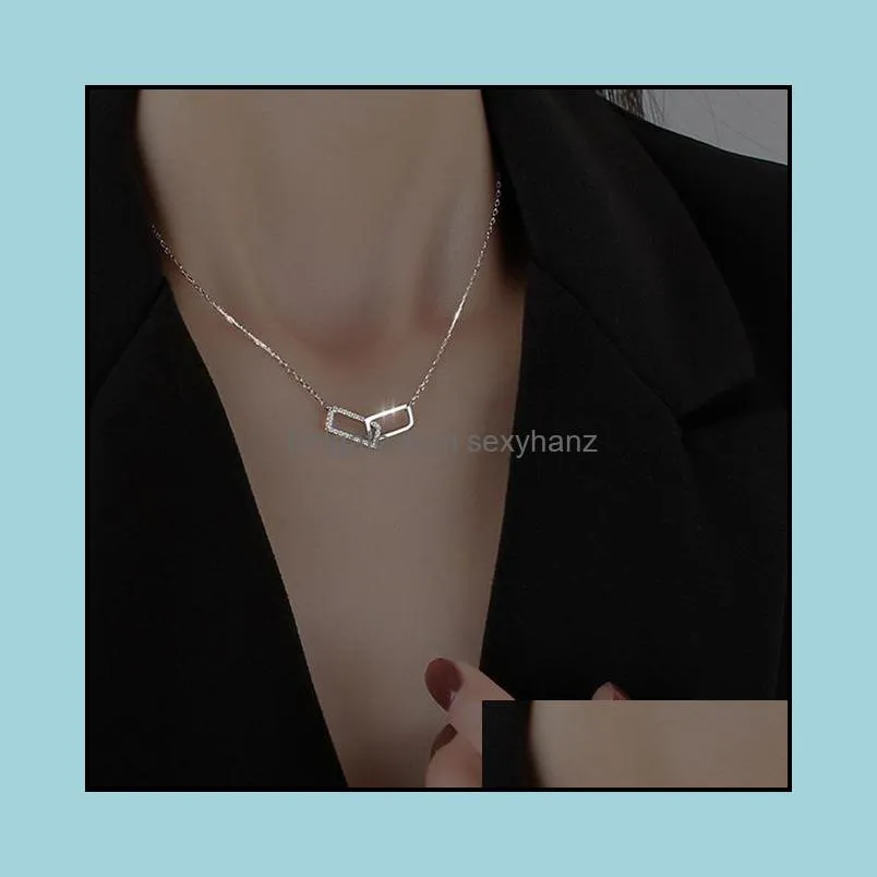 Pendant Necklaces Pendants Jewelry Simple Dainty Women Necklace Hollow 2 Square Charm Clavicle Choker Gold Color Copper Chain Wedding Drop