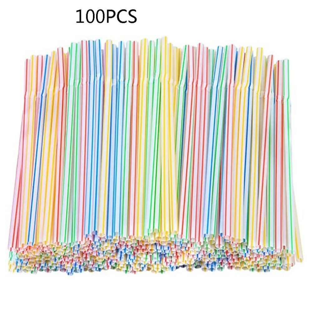 100pcs/pack 8 Inches Long Striped Bedable Disposable Straws Party Multi Colored Straw Plastic Drinking Straws