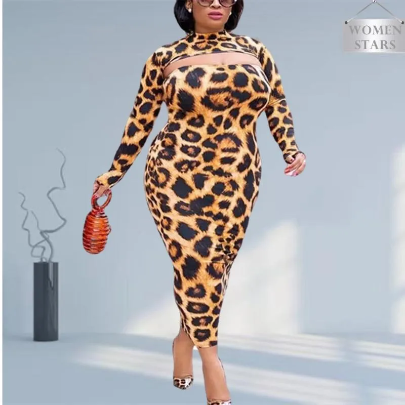 Plus Size Leopard Print Maxi Dress Sexy Hollow Out Design