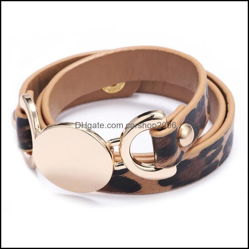 pu leather bracelets bangles women multilayer adjustable fashion design round metal wrap charm bracelet leopard lady hand cuff button punk couple jewelry