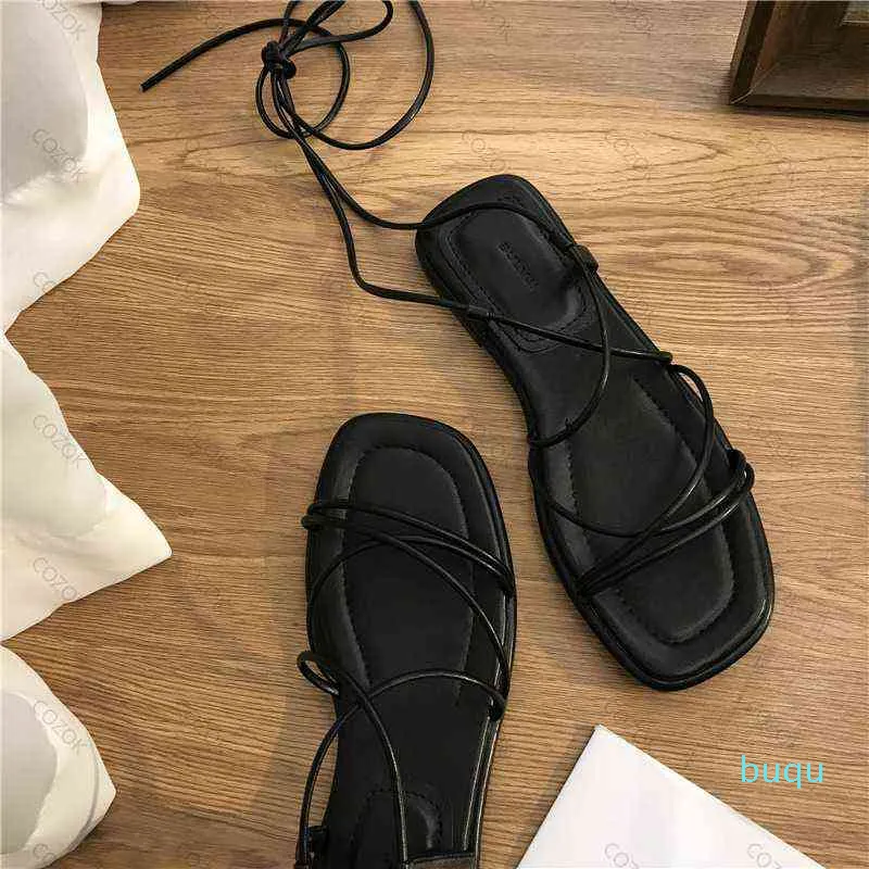 Designer- Women Sandals Fashion Sexy Summer Cross Tie Boho Beach Open Toe Shoes Flat Narrow Band Black Casual