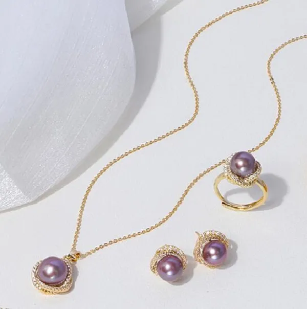 Vogelnest vielseitig Natural Edison Purple Perlen Halskette Ringohrring Juwely dreiteils Set