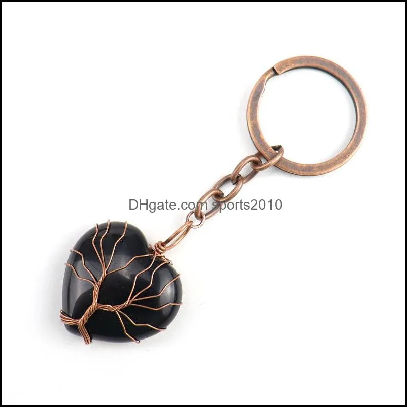 retro handmade tree of life key rings heart natural stone healing crystal quartz keychain keys chain key ring