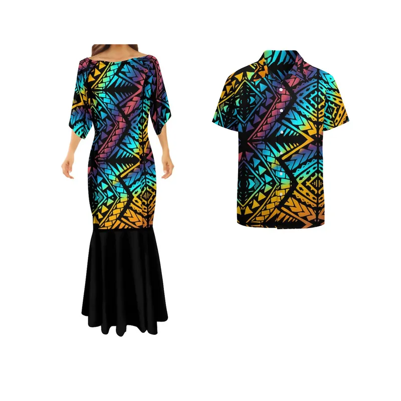 Polynesian Tribal Sublimation Print Lady Party Mermaid Style Dress Women's Long Fishtail Dress And Men Shirt Couple Suit 220628