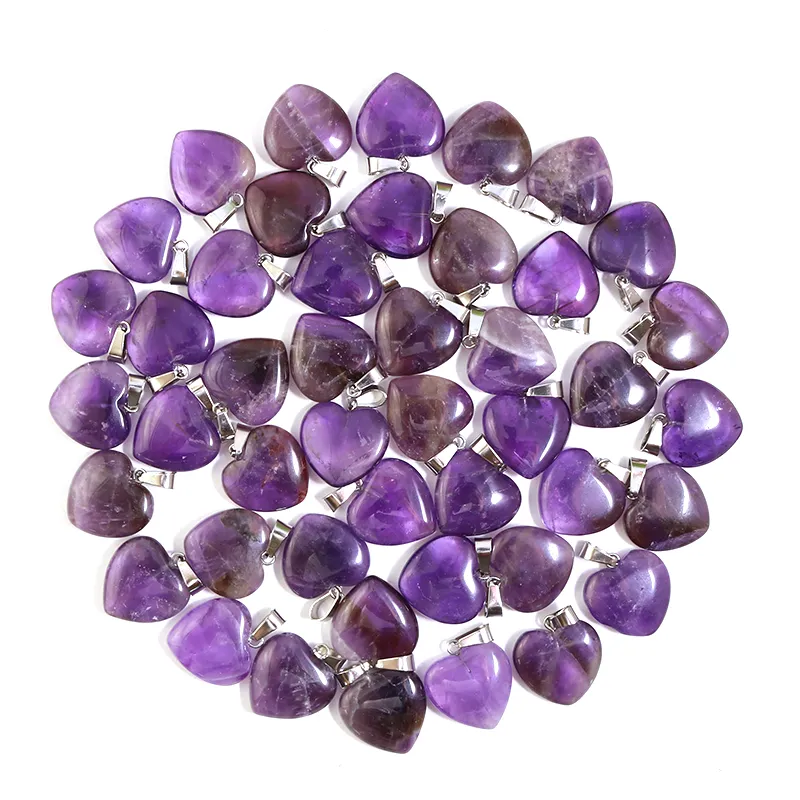 Naturel violet cristal coeur améthystes pierre collier pendentifs breloques pour la fabrication de bijoux gemme