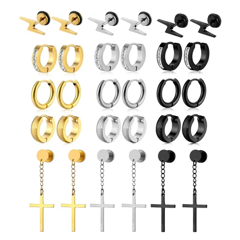 Set of 30 Pcs Surgical Steel Hoop Earrings Dangle Cross Fashionable Ear Ring Body Piercing Jewelry For Men and Women