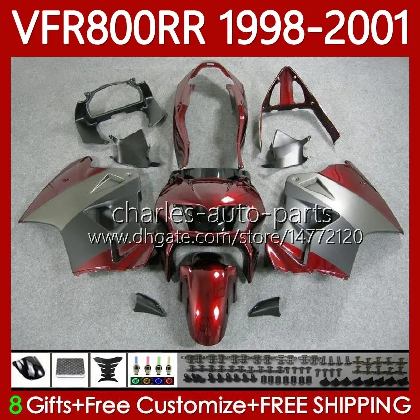 هيكل السيارة لهوندا Interceptor VFR800R VFR 800RR 800 CC RR 98-01 Bodys 128NO.37 VFR800RR 800CC VFR800 98 99 00 01 VFR-800 RR 1998 1999 2000 2001 Gray Red Fleading Kit