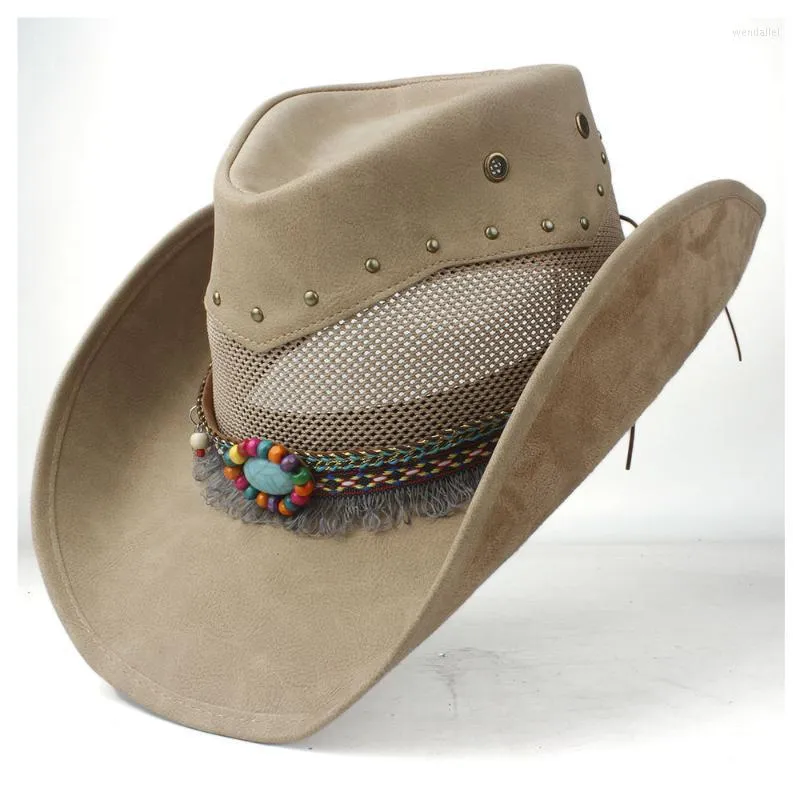 Berets 100% Leather Men Women Mesh Western Cowboy Hat Wide Brim Outdoor Sombrero Hombre Cowgirl Fascinator Tassel HatBerets Wend22