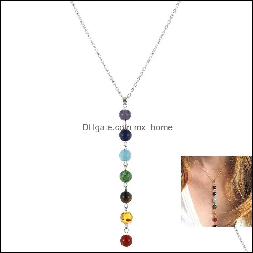 Stile semplice 7 Chakra Mticolor Perline in pietra naturale Collana con pendente a catena lunga per le donne Fascino Collier Collares Gioielli Yoga Yfa2961 Goccia De