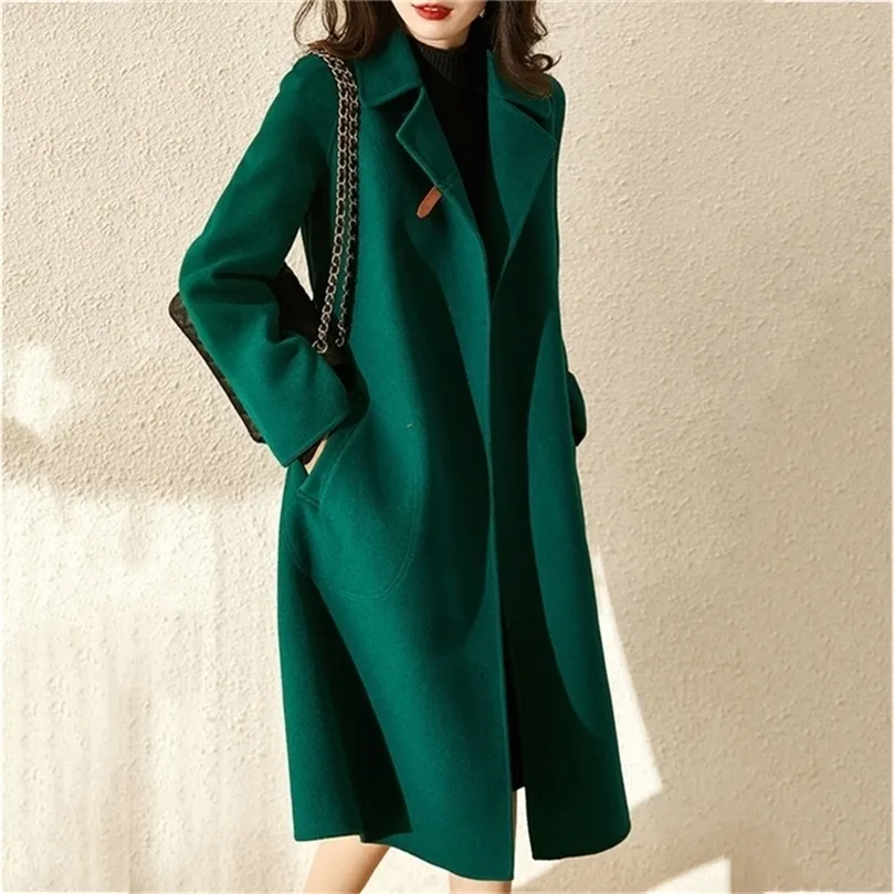 Frauen Elegante Retro Wollmantel mit Gürtel Winter Warme Mantel Outwear Plus Größe Weibliche Koreanische Hohe Qualität Grün Mischungen Mantel 201215