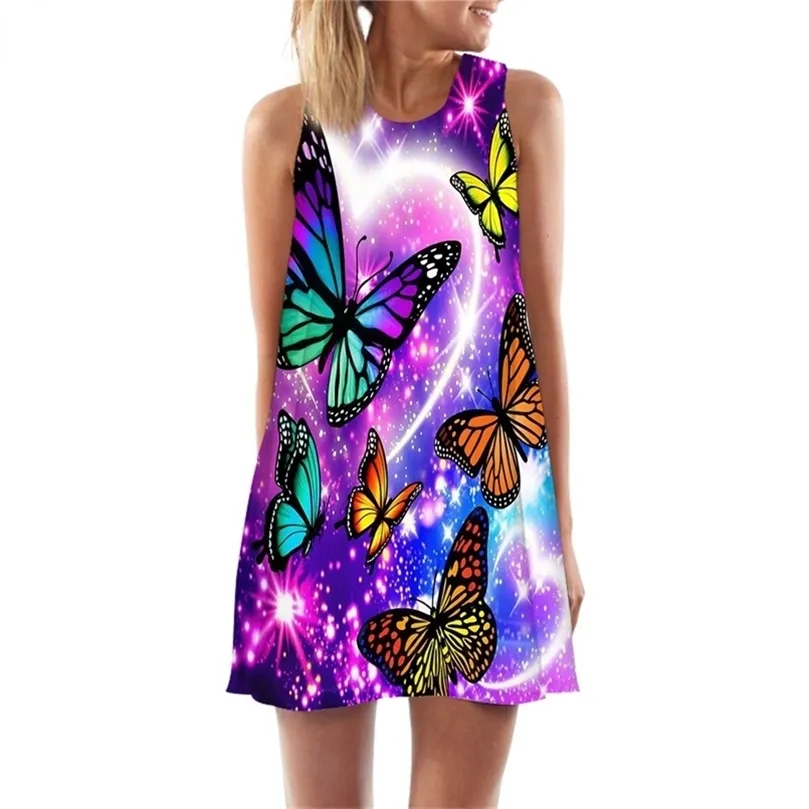 女性タンクトップドレス美しい蝶3Dパターンドレスストリートウェアミニショートパーティー女性カジュアルベストノースリーブドレスw220616