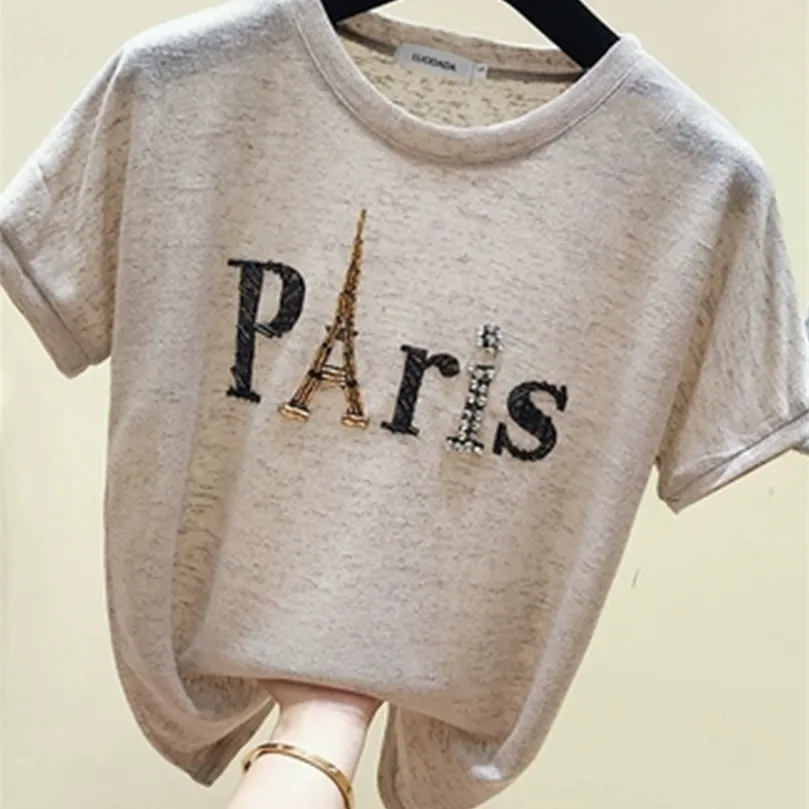 Ins shirt Sleeve Paris Eiffel Tower Beaded Tshirt Summer Women Shinny Cotton o Necks Roose Castiral Girls Tops T13115X 220511
