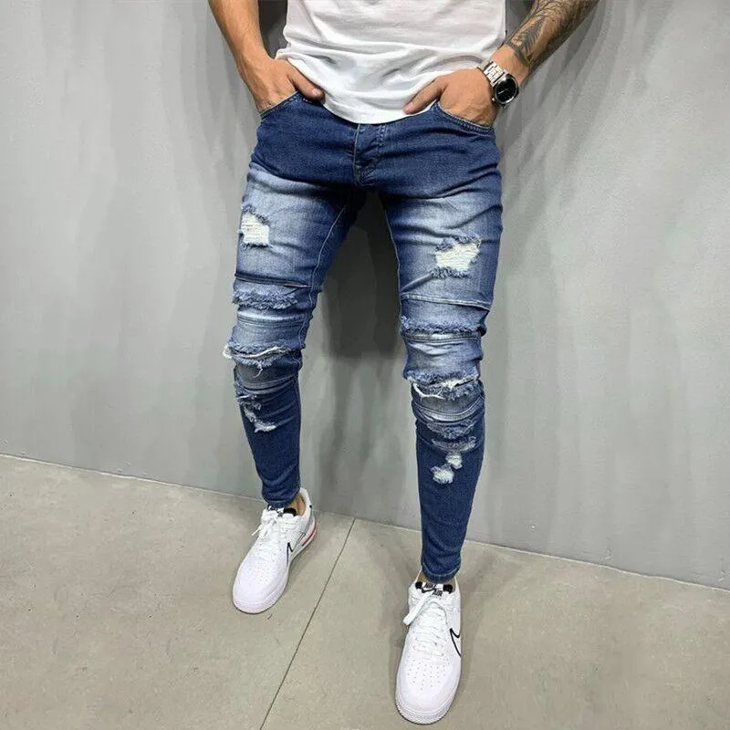 Jeans da uomo Streetwear Uomo Autunno Inverno Moda Strappato Slim con pantaloni a matita in denim a vita media tinta unita