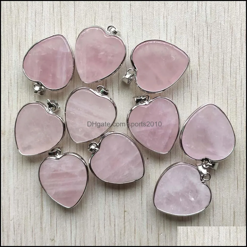 trendy natural rose quartz stone charms silver sided heart pendants 25mm for necklaces jewelry making wholesale