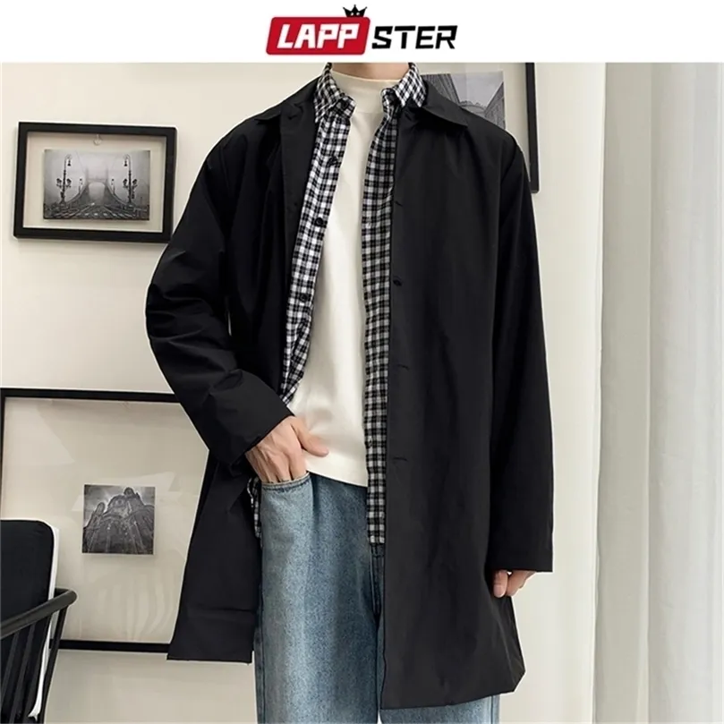 LAPPSTER Oversize Uomo Streetwear Trench Coat Autunno Mens Hip Hop Harajuku Giacche lunghe Cappotti Vintage Uomo Giacca a vento nera 201211
