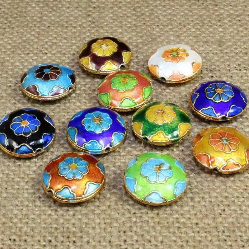 10 Stück polierte bunte Cloisonné-runde Blumenperlen DIY Emaille-Zubehör Schmuckherstellung Charms Anhänger Halskette Ohrringe