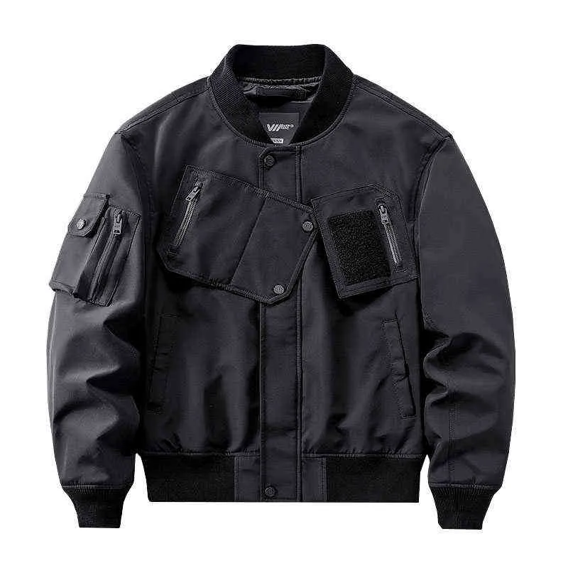 Hot sale Mcikkny Men Spring Autumn Cargo Black Bomber Jackets Multi Pockets Streetwear Techwear Outwear Coats For Male Patchwork