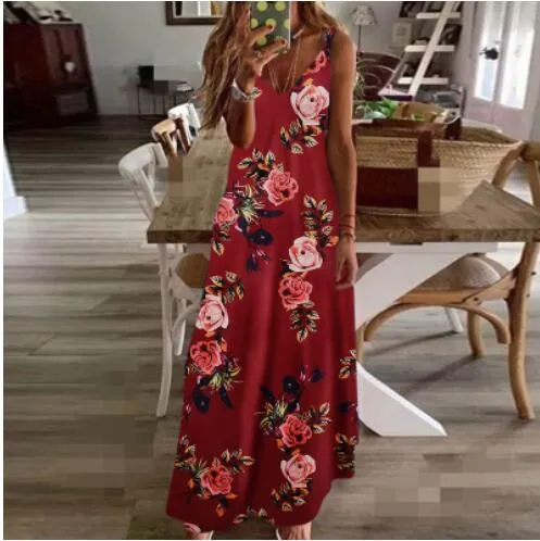 Designerskie sukienki damskie damskie sukienki plus size Summer Summer Sexy Boho Printed Long Shleeless V Ladies Ladies luźne vestido s-5xl modna kobieta długa spódnica 49j3