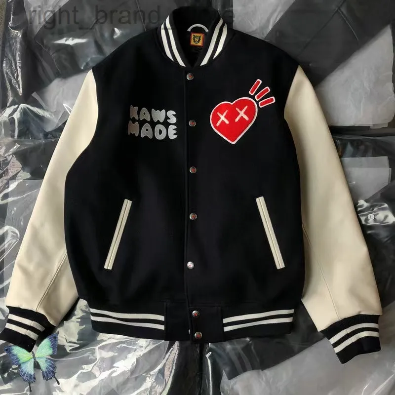 Human Made Baseball Jacket Heart Embroidered Leather Sleeve Couple Baseball Uniform Men's Women's Outwear Coat W220813