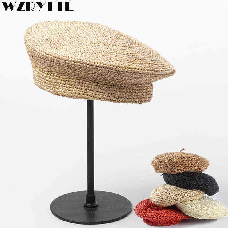 2020新しいファッションベレー帽を調整可能なストローベレット女性散布帽子レディースフラットソリッドキャップフレンチスタイルハンドフックパピルスベレー帽子J220722