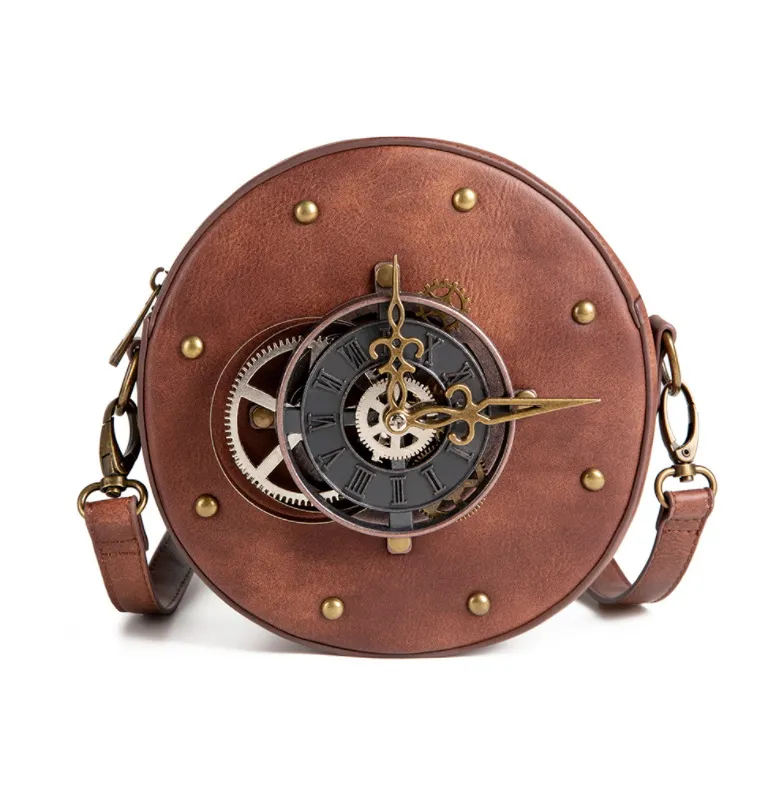 Mode steampunk väska rund vintage klocka kvinnor axelväskor pu läder dagliga crossbody väskor ny ankomst brun handväska