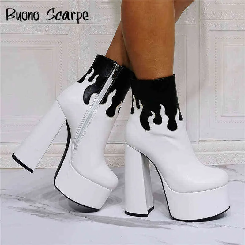 Flame High Heel Ankle Boots Men PU Platform Block Heels Zip