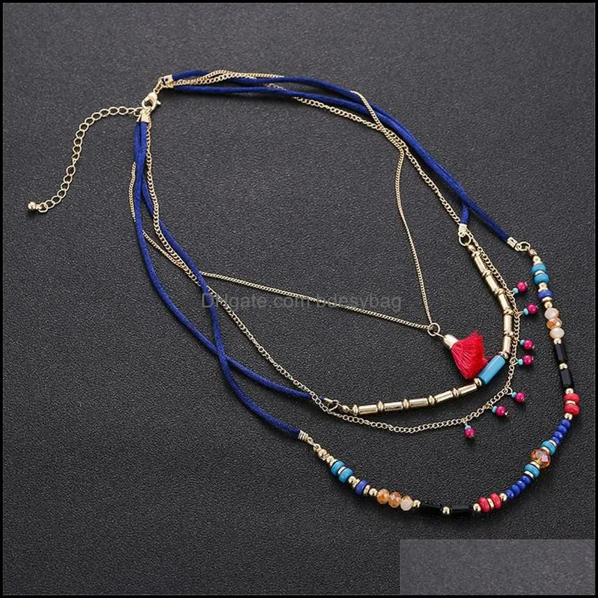 bohemian fashion ethnic style multi layer rice bead chain tassel pendant holiday necklace zemz