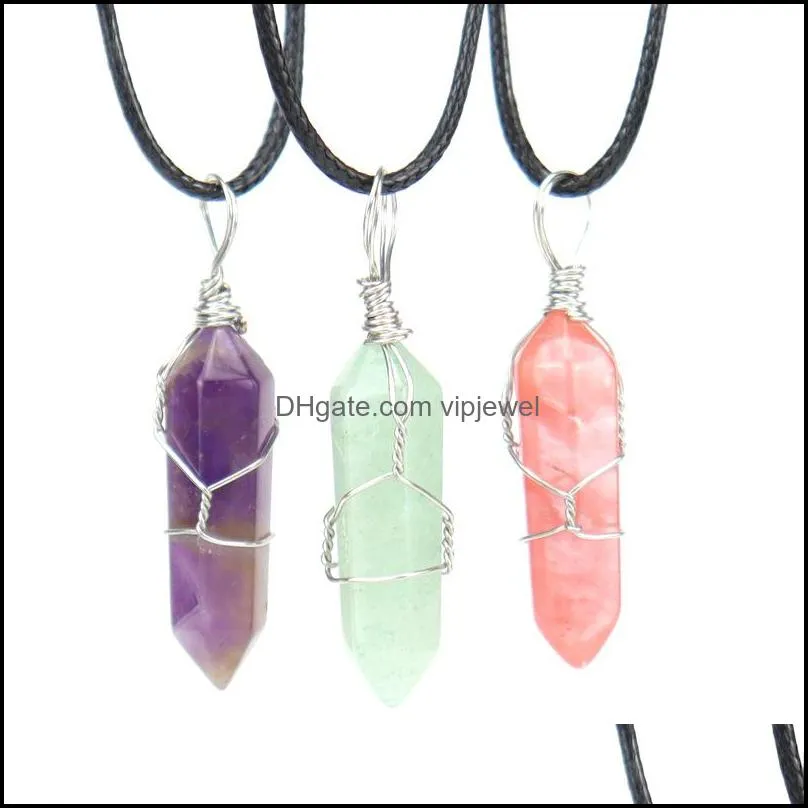 wire wrap quartz point pendant necklaces reiki healing crystal tiger eye amethyst opal aventurines necklace for women jewelry