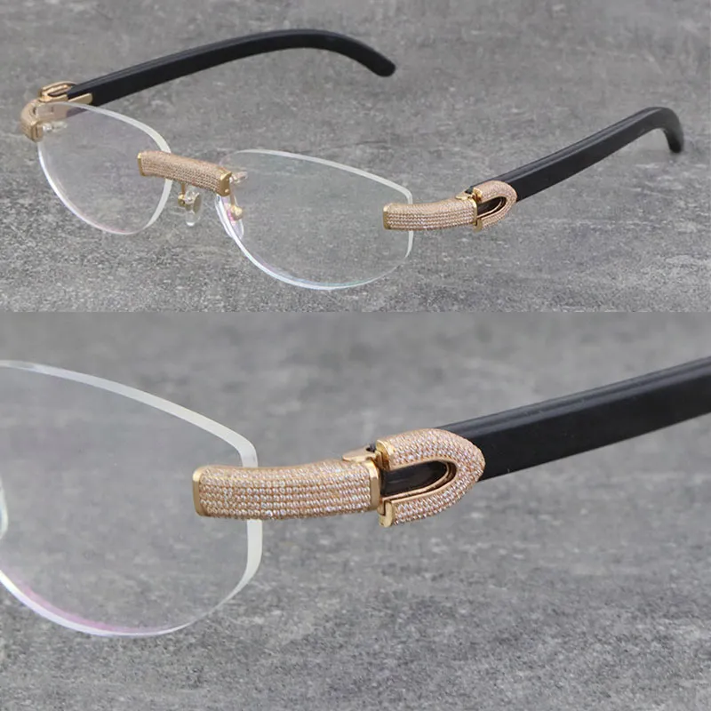 Nueva venta al por mayor de metal sin montura 1164 Grano Micro-pavimentado Conjunto de diamantes Marcos Negro Cuerno de búfalo Gafas Hombres Mujeres con C Decoración Gafas de oro de 18 quilates Marco Gafas unisex