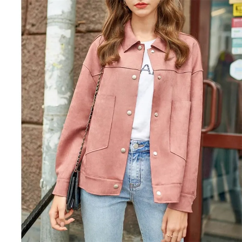 Vintage Faux Suede Jacket Women Turn Down Collar Basic Cargo Jackets Female Tops Autumn Solid Button Pocket Casual Loose Outwear 220815