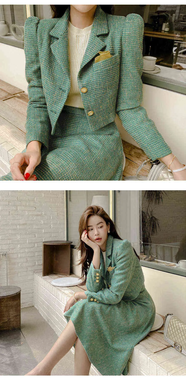 Womens Green Plaid Blazer & Skirt Set Office Outfit, Short