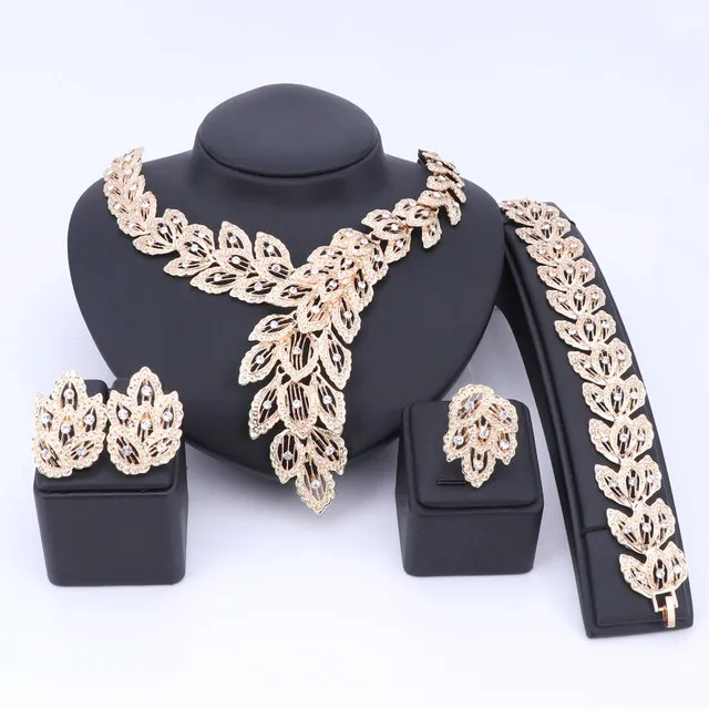 Wedding Gold Color Crystal Leaves Necklace Earring Bracelet Ring Bridal Party Jewelry Set