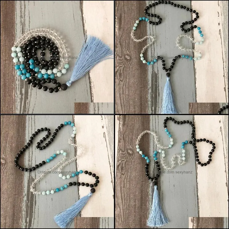 chains hand-knotted mala beads necklace a-quamarine with large lava stone guru bead and silk tassel boho 108 yoga jewelrychains