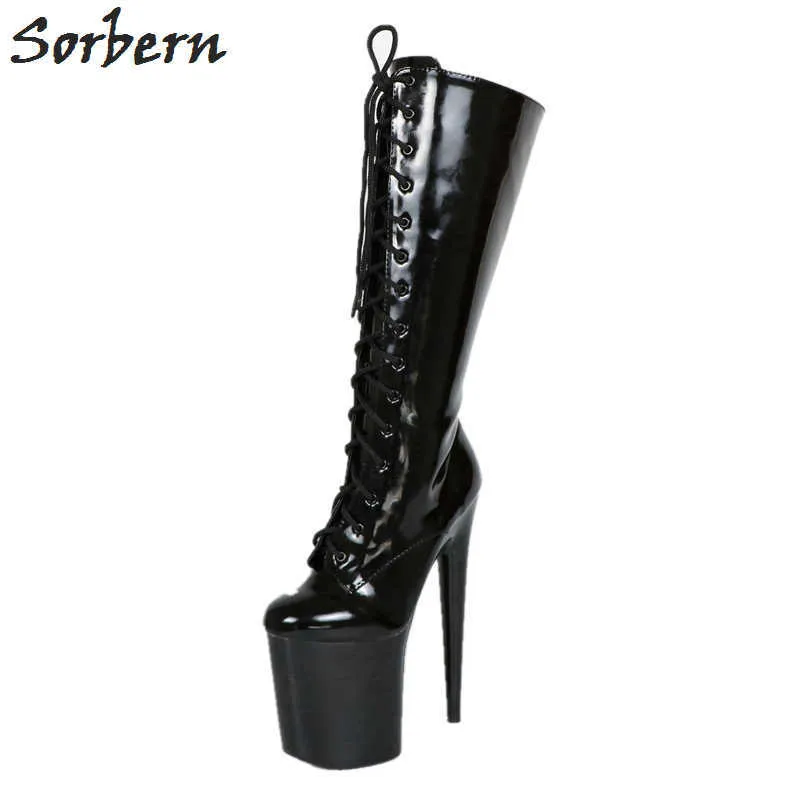 Sorbern Shiny Black Knee High Boots Women Thick Platform Shoes Womens Ladies Boots Size 11 Women'S Boots With Heels On Sale