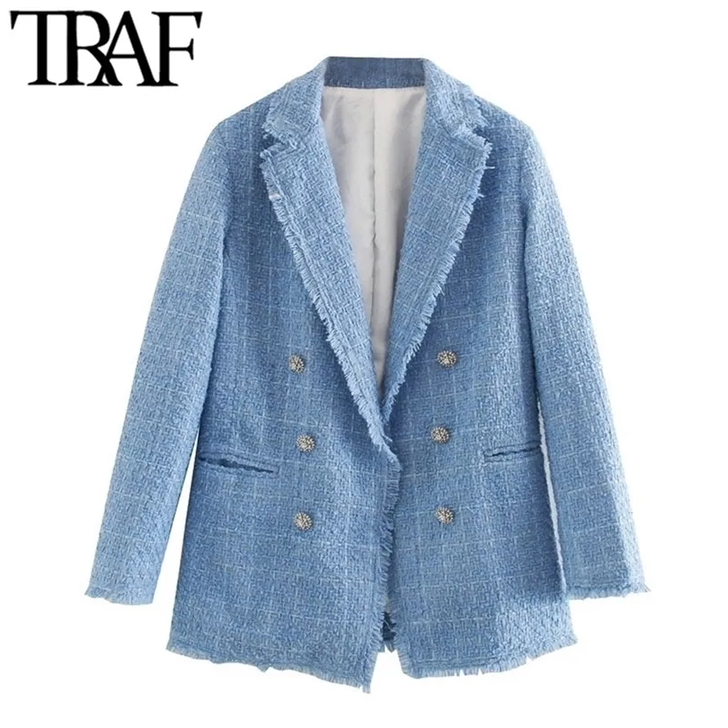 TRAF Femmes Mode Bureau Porter Double Boutonnage Tweed Blazer Manteau Vintage Manches Longues Effiloché Femelle Survêtement Chic Tops 201106