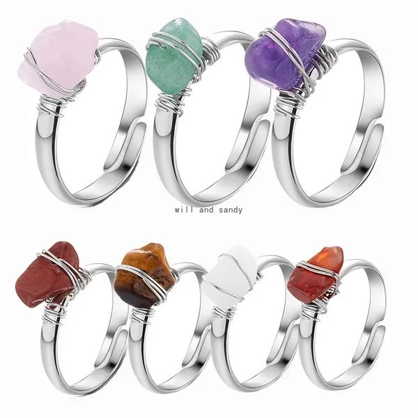 Fil Wrap Minéral Réglable Natural Natural Natural Amethystes Anneaux Quartz Anneaux De Quartz Naturel Gemstone Rugu Doigt Bague Femmes Mode Bijoux