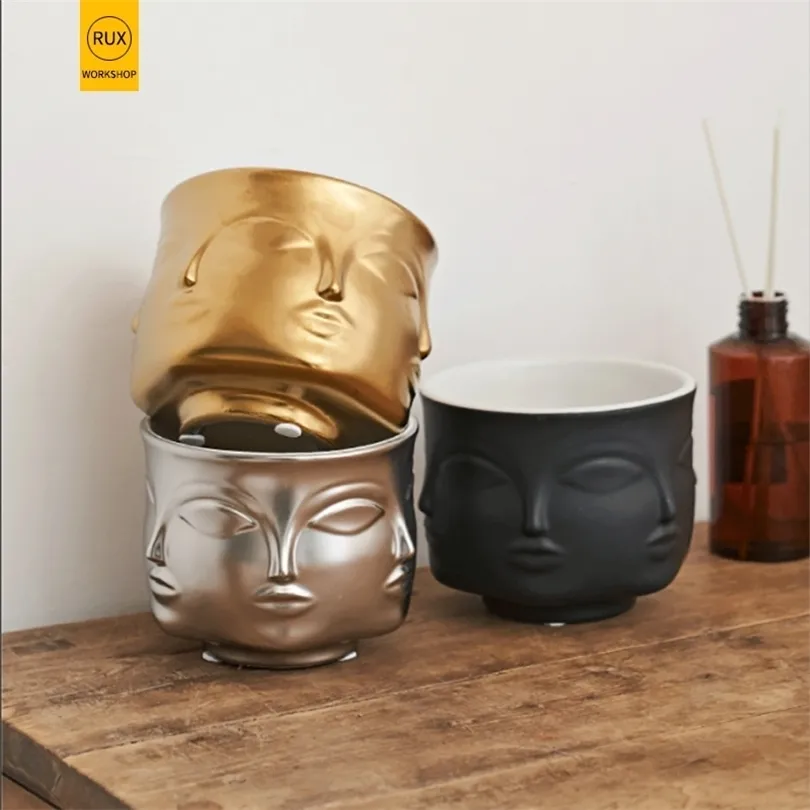 Pot de fleur en céramique Conception de visage Vase en céramique Décoration de la maison Accessoires Outils Noir Or Blanc T200529