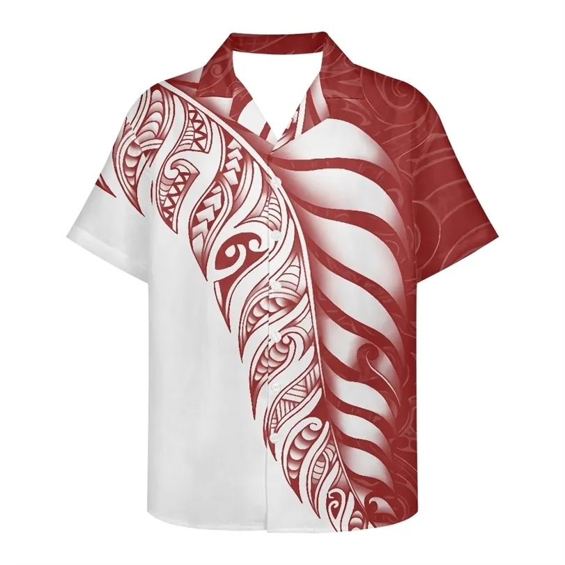 Dorywczo Biznes Polinezyjskie Koszule Mężczyźni Skręć Kołnierz Krótki Rękaw Tribal Tattoos Przycisk Slim Moda Męskie Topy 220324