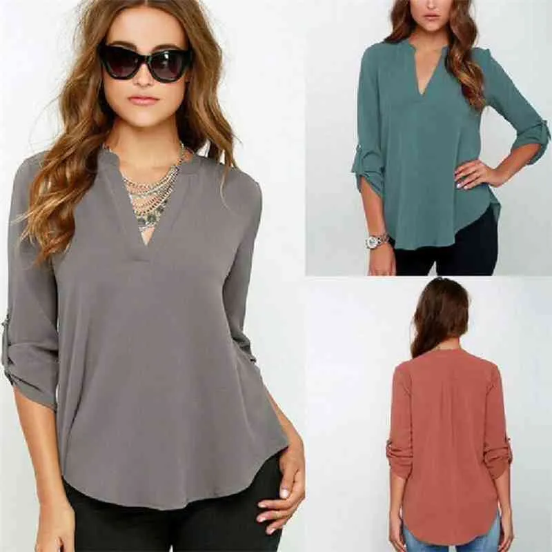 Vrouwen blouse zomer vrouwen lange mouwen geplooide chiffon shirt casual los v nek blouse groot formaat s5xl vrouwen top K2351 210401