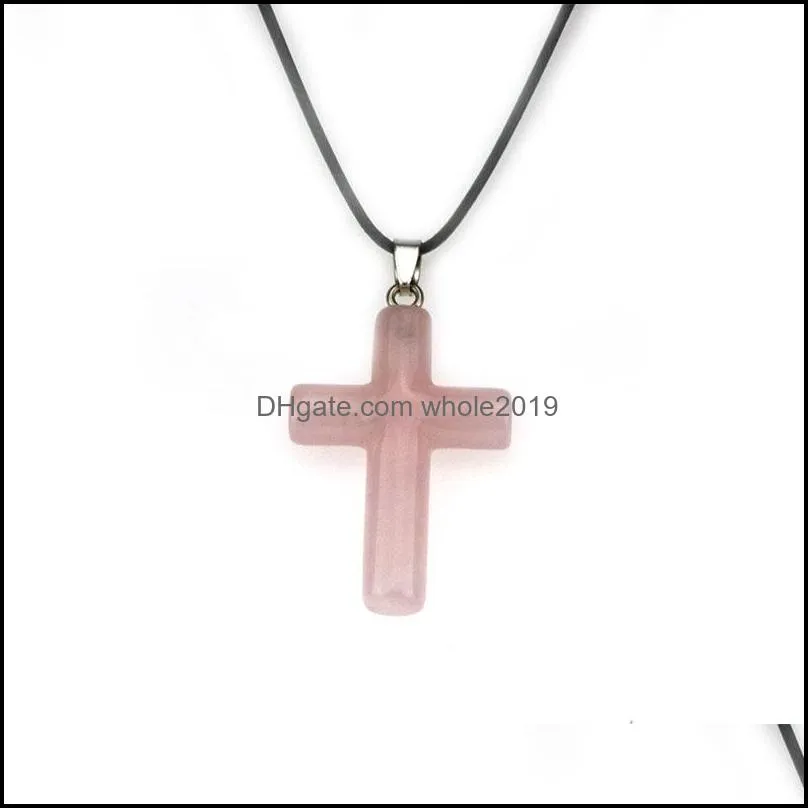 natural stone tiger eye cross quartz pendant chakra necklace leather stainless steel chain opal blue pink crystal necklace